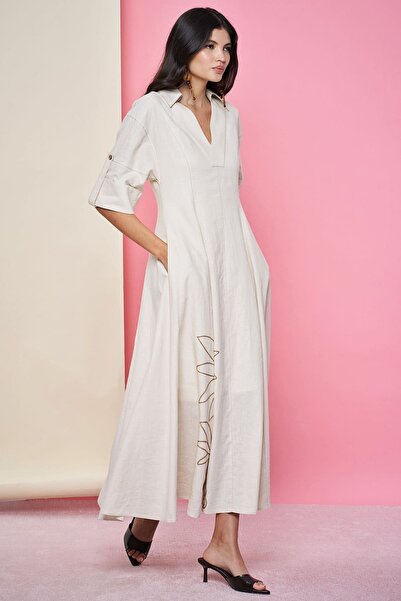 Rain and River Contrast Embroidered Linen Dress