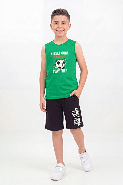 YA KO KİDS Zero Sleeve Round Neck Printed Detailed Boys' Top and Bottom Set