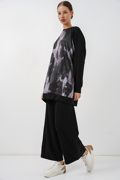 Merterium Kadın Desenli Oversize Tunik Pantolon İkili Takım - Siyah 1412