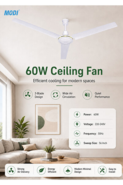 modi 60W Ceiling Fan, 56 Inch 3-Blade White Ceiling Mounted Fan, Low Noise Ai...