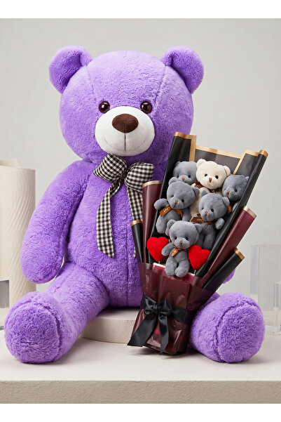 Linalux Gifts 90cm Mor Peluş Ayıcık Hediyelik Seti Gri Mini Ayılar ve Kalp De...