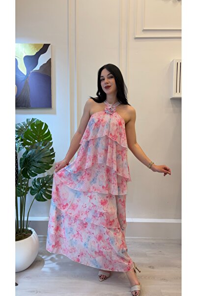 SHIN Butik SHIN Çiçek Desenli Kat Kat Şifon Maxi Elbise