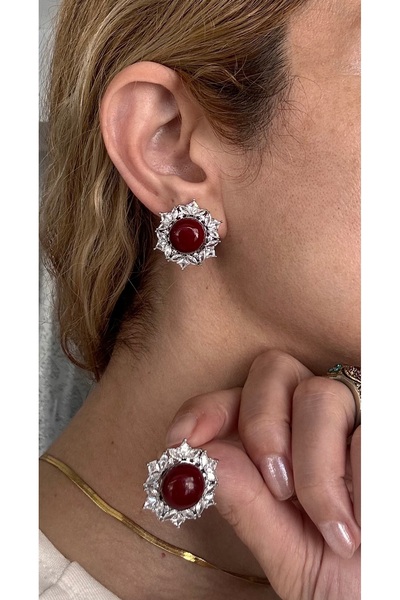 Niloshe&Sinoshe NS Accesories Red Stone Detailed Zircon Stone Vintage Earrings