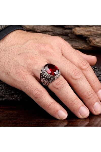 Argento Silver Gümüş Yüzük 925 Ayar Kırmızı Zirkon Taşlı
