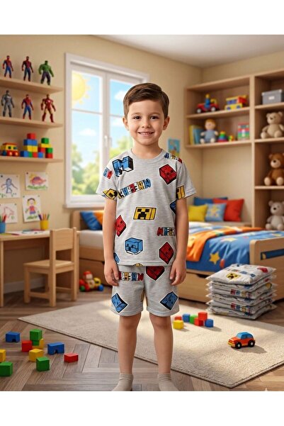 tusem butik homewear Dečački pamučni letnji pidžama set sivog boje kratkih ru...
