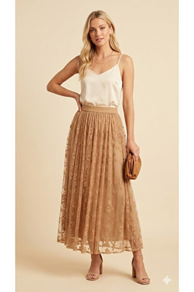 Sibel Günay Butik Fusta de damă din tul cu imprimeu camel floral - Căptușită ...