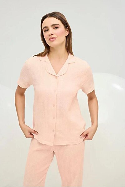 Sevim 16830 Salmon Muslin Fabric Button-Down Half Sleeve Shirt Pajama Set