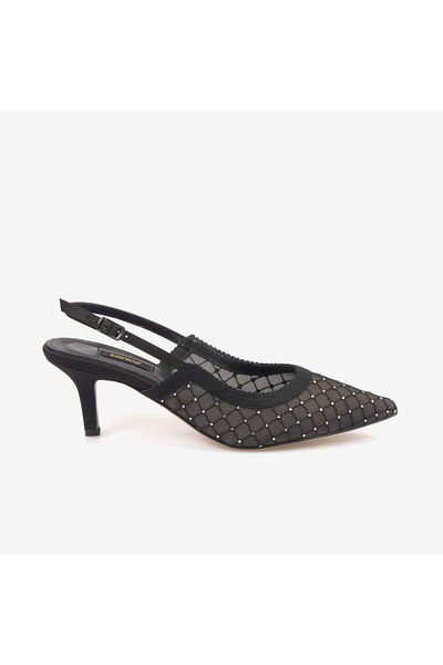 KEMAL TANCA Women's Slingback Mesh Stone Detailed 7.5cm Heeled Shoes 2275