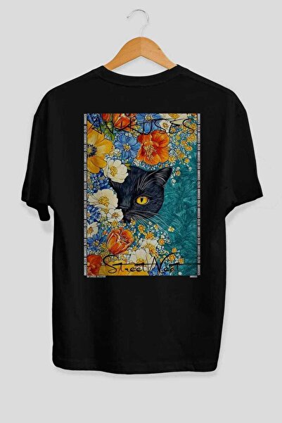 Ankhises For the Love of Cats 103 Cat Printed Black Oversize T-Shirt 100% Cot...