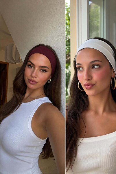 Cupla Set de 2 bandane elastice din bumbac pentru femei, alb și roșu claret