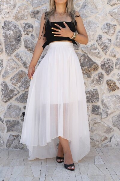 bytugcekaya White Asymmetrical Skirt with Elastic Waist