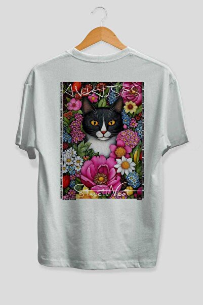 Ankhises For the Love of Cats 16 Cats Printed White Oversize T-Shirt 100% Cot...