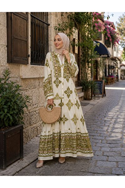 Budan Export فستان ماكسي نسائي فضفاض بأكمام بالون مزينة بأزرار وطبعة مميزة