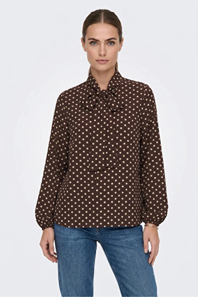 buğrahayalin Women's Scarf Collar Polka Dot Brown Blouse