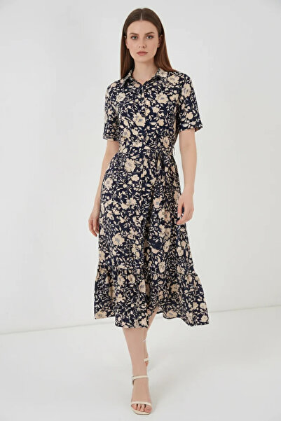 buğrahayalin Women's Shirt Collar Belted Short Sleeve Floral Patterned Viscos...