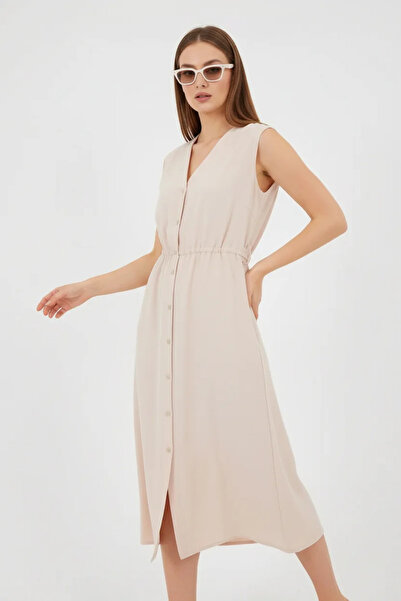 ALFA AKSESUAR 03 Women's Belted Zero Sleeve Cream Dress