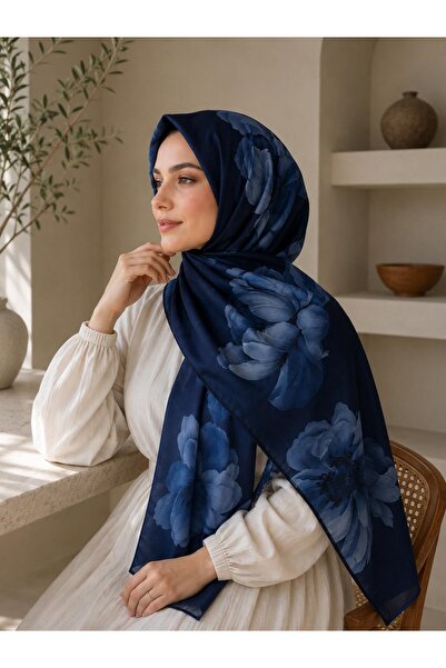 Wise&Go Store Lacivert Mavi Çiçek Desenli Pamuk Şal