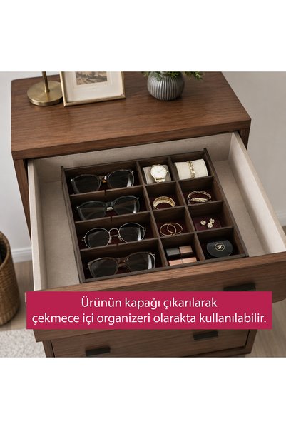 Mingitav Treyo Wooden Sunglasses, Jewelry & Makeup Organizer – Drawer Glasses Stand Storage Box - Travel Case with Mirror Lid & Adjustable Compartments