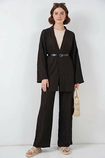 buğrahayalin Women's V-Neck High Waist Belted Brown Double Suit