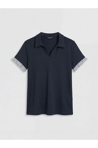 LC Waikiki Navy Blue Polo Collar Ruffled Soft Touch Women's T-Shirt
