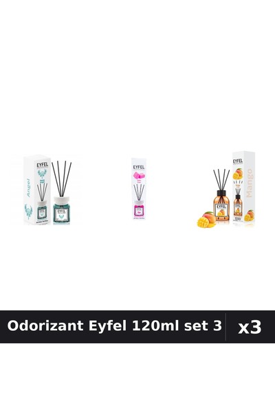 Eyfel Set 3 Odorizant Cameră Betisoare 120ml - Angel, Bubble Gum, Mango