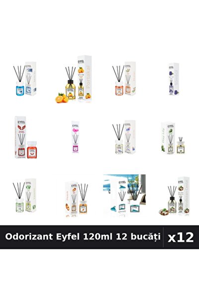 Eyfel Set 12 Odorizant Cameră Betișoare 120ml - 12 Arome Asortate, Parfum Intens