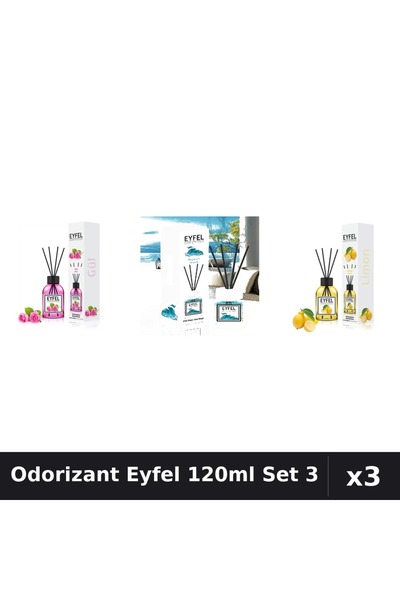 Eyfel Set 3 Odorizant Camera Betisoare 120ml - Trandafir, Ocean, Lămâie
