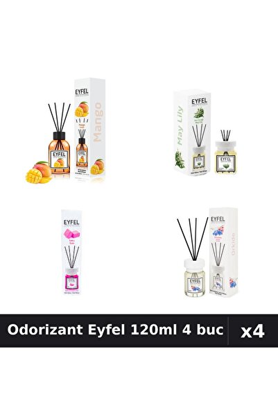 Eyfel Set 4 Odorizant Camera Betisoare 120ml - Mango, Lacramioare, Bubble Gum...