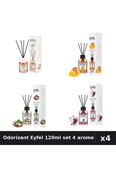 Eyfel Set 4 Odorizant Cameră Bețișoare 120ml - Acacia, Mango, Nucă Cocos, Bou...