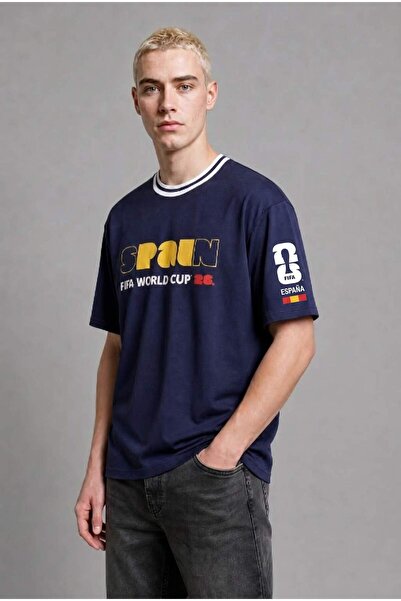DeFacto World Cup Boxy Fit Spain Printed Short Sleeve Navy Blue T-Shirt I0288...
