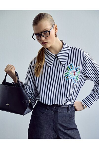 KYR 100% Cotton Sequin Embroidered Tunic Dark Navy Blue