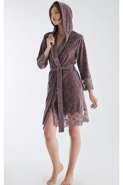 Nuşa Premium Women's Short Hooded Jacquard Lace Niki Velvet Bamboo Cotton Dressing Gown