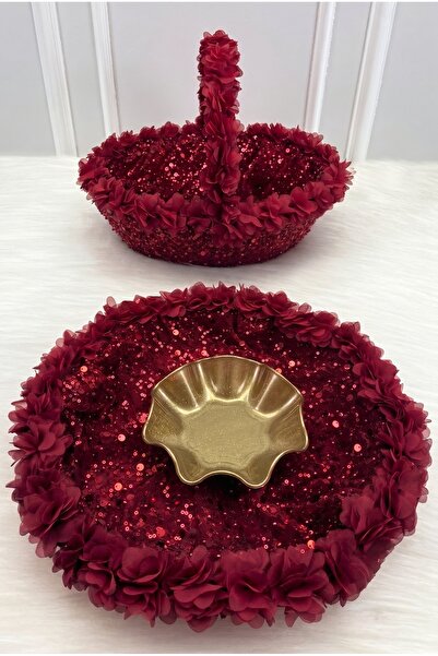 ZEYMERADE Burgundy Bridal Henna Night Tray and Basket, Floral and Complete wi...