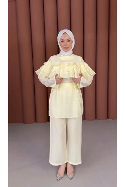 YAREN CLARA Ruffle Detailed Belted Double Suit - Yellow Yrn-223