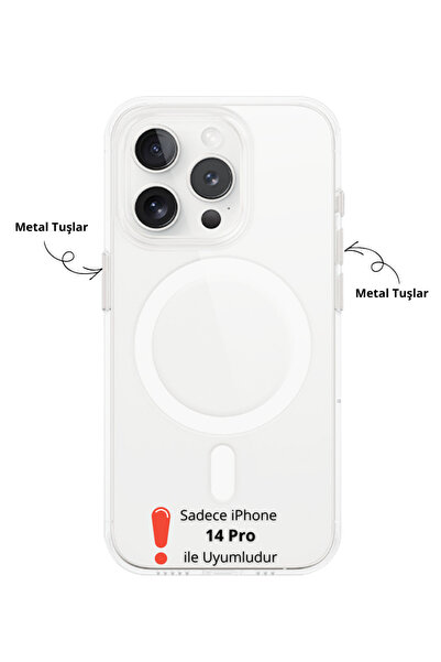 Evax [Premium PC Magsafe] iPhone 14 Pro Uyumlu Metal Tuşlu Sert Mika [Sararma...