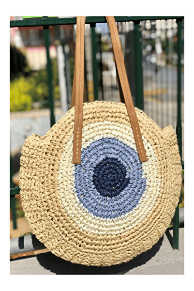 AngelsAccessories Γυναικεία Ψάθινη Στρογγυλή Τσάντα με Σχέδιο Μάτι-Εκρού
