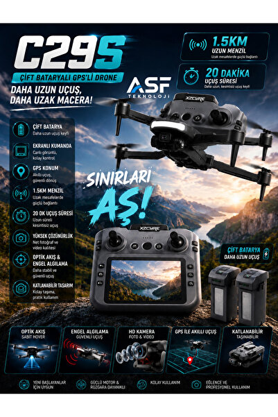asfteknoloji Asf Teknoloji C29S Dron Ekranlı Kumanda-GPS-Engel Sensörü-Uzun M...