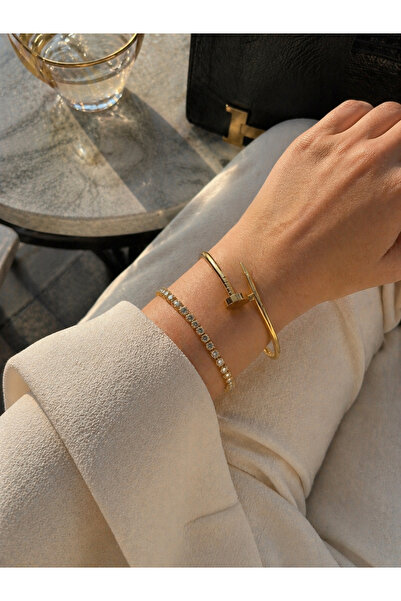 NUR STEEL LUXE Çelik Gold Çivi Kelepçe Bileklik Kararmaz
