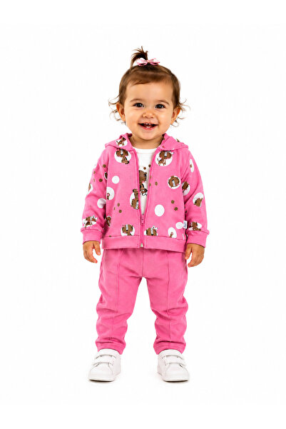 Chicsy Baby Kız Bebek Leopar Baskılı 3'lü Takım Kapüşonlu Fermuarlı Hırka Bod...