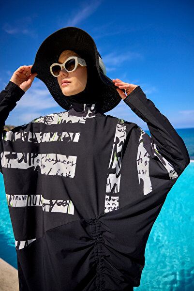 Marina Swimwear Black Patterned Full-Coverage Hijab Swimsuit - 4-Piece M2517