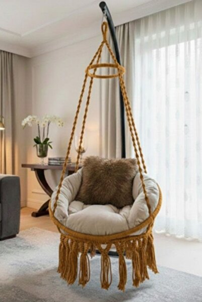 WOODSHUT Tek Kişilik Makrome El Örgüsü Salıncak (SARI) MİNDER VE ASKI DEMİRİ ...