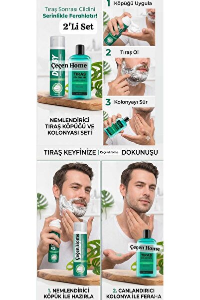 ÇEÇEN HOME Tıraş Köpüğü Ve Tıraş Kolanyası 2'li Set , Nemlendirici Tıraş Köpüğü 200 ML + Ferah Kokulu Tıraş Kolanyası 250 ML Erkek Tıraş Seti