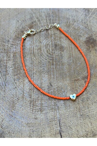 ByMerve Sand Beads Women's Orange Gold Evil Eye Anklet