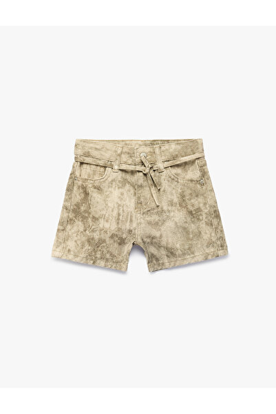 Koton Cotton Belt Detailed Patterned Denim Shorts with Pockets