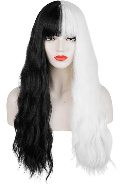 Other Long Half Black Half White Wig, TANTAKO Long Black and White Synthetic ...