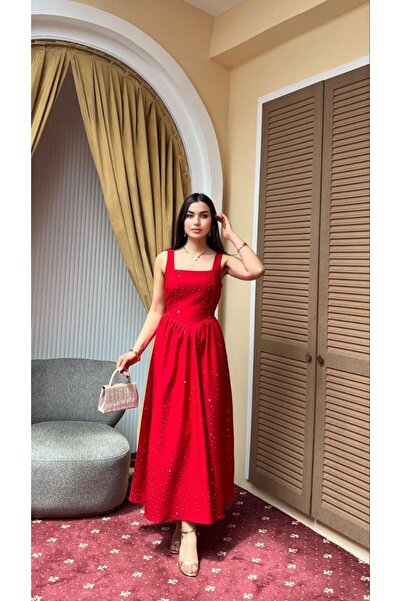 Moda Banuş Taş Baskılı A Kesim Bağcıklı Kırmızı Elbise