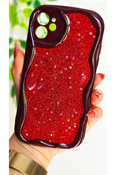 Magic Ring iPhone 11 Uyumlu Kırmızı Simli Yıldız Detaylı Dalgalı Bordo Siliko...
