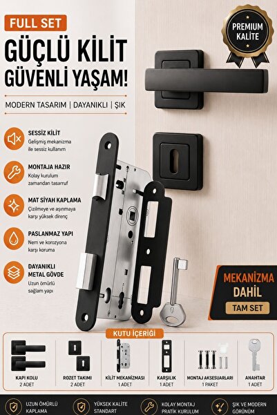 MEGAHOME STORE Mat Siyah Kare Rozetli Lama Oda Kapı Kolu ve 40'lık Siyah Oda ...