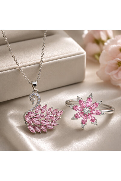 Selvica Pembe Kuğu Kolye ve Ayarlanabilir Pembe Lotus Yüzük Seti Zirkon Taşlı...
