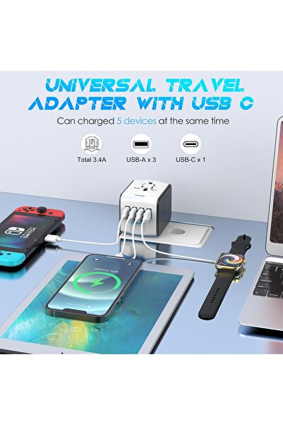 Arabest محول سفر عالمي مع 3 منافذ USB + منفذ Type-C، قابس تيار متردد لأوروبا ...